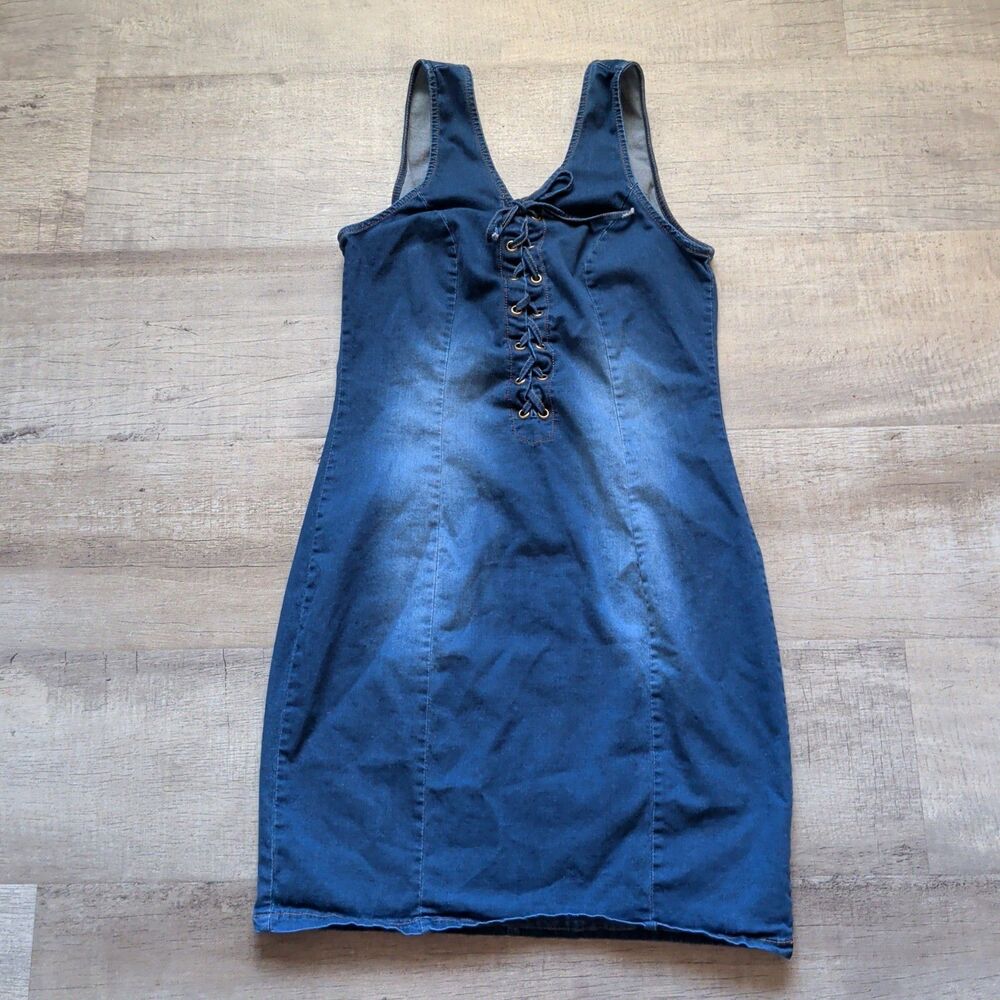 Mebon by Machine Jeans Women's Large Denim Dress Sleeveless Lace Up Front Blue